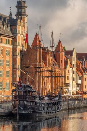 Cityscape of Gdansk old town on the river Motlawa. Old Town of Gdansk, Poland.