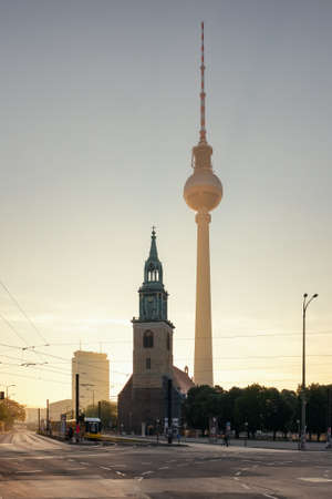 Berlin TV tower and St.Marien Church at sunriseのeditorial素材