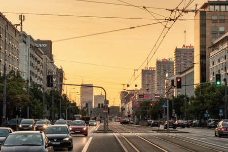 Warsaw downtown cityscape at sunset, Polandのeditorial素材