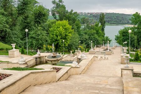 Fountains and the cascading stairs near the Valea Morilor Lake in Chisinau, Moldova.の写真素材