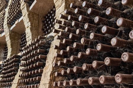 Wine bottles covered with spider web stacked up in old wine cellarの写真素材