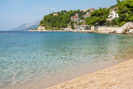 Beautiful empty beach at Adriatic Sea in Makarska Riviera, Croatiaの写真素材