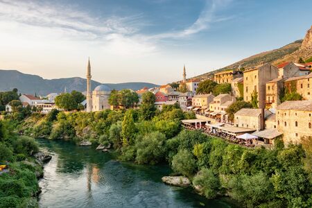 Mostar Old Town and Neretva river at sunset, BiHの写真素材