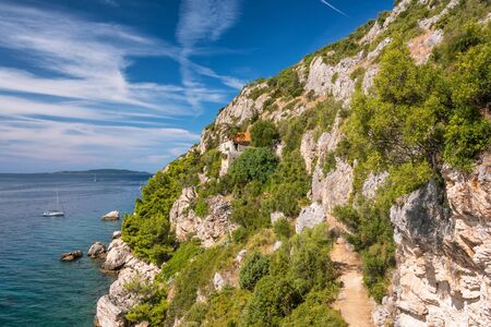 Gospe od Prizidnice church on the cliff on Ciovo island, Croatiaの写真素材