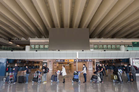 First passengers after Covid 19 pandemic lockdown in Rome Fiumicino Airport.