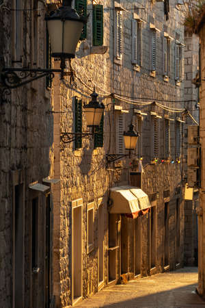 Narrow medieval paved street in old town of Split, Croatiaの写真素材