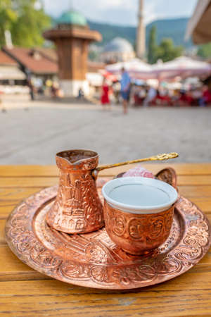 Traditional black bosnian coffee at Bascarsija square in old town of Sarajevoの写真素材