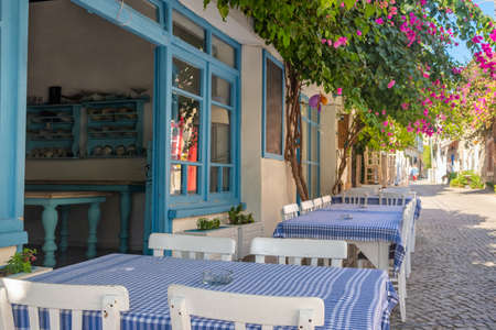 Picturesque street in Mediterranean Alacati Town in Turkey.の写真素材
