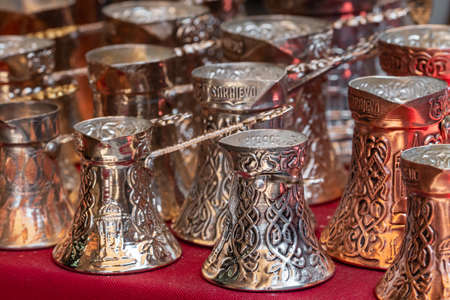 Traditional copper coffee pots cezve souvenirs from Sarajevo, BiHの写真素材