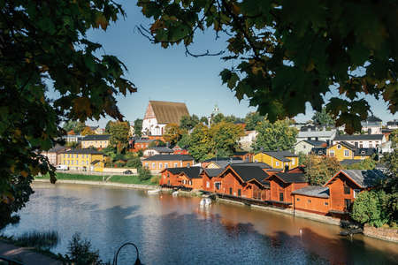 Old wooden red houses in old town of Porvoo, Finlandの写真素材