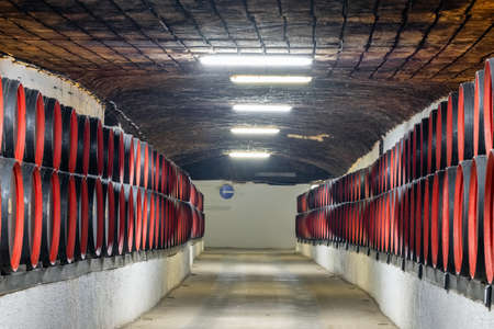 Wine barrels inside the undeground tunnels of a famouse Cricova winery in Moldovaのeditorial素材