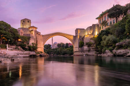 Stari Most bridge at dawn in old town of Mostar, BIHの写真素材