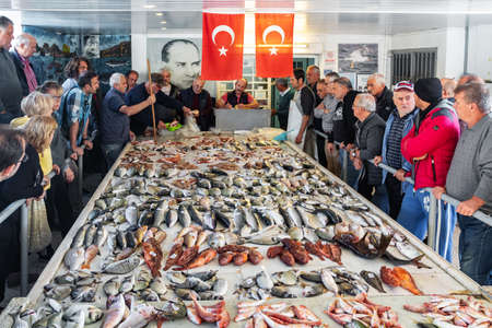 Various fresh fish for sale at seafood auction at Alacati fish market, Turkey.のeditorial素材