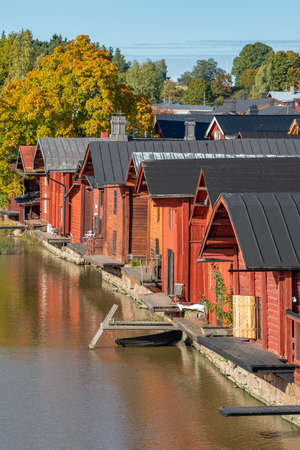 Old wooden red houses in old town of Porvoo, Finlandの写真素材