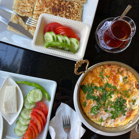 Delicious traditional turkish breakfast on the tableの写真素材