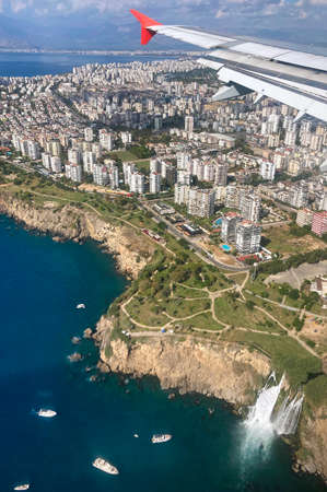 Antalya cityscape with famous Duden waterfall seen from airplane window, Turkeyの写真素材