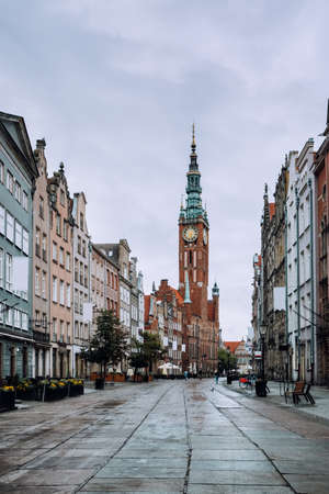 Main City Hall at empty Long Lane street in the old city center of Gdansk, Poland.の写真素材