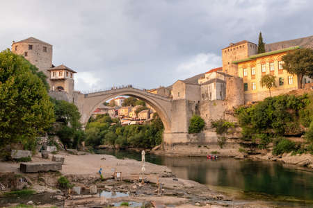 Stari Most bridge at sunset in old town of Mostar, BIHの写真素材