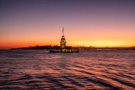 Maiden Tower at twilight in Istanbul, Turkeyの写真素材