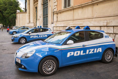 Italian police cars parked in the city center of Rome.のeditorial素材