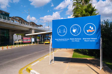 New pandemic rules on information board in Antalya Airport, Turkeyのeditorial素材