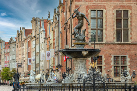 Statue of Neptune fountain in old town of Gdanskの写真素材