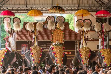 Decorated elephants participate in an annual temple festival in Siva temple in Ernakulam, Kerala state, Indiaのeditorial素材