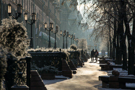 Boulevard with fountains at Lenina street in Minsk downtown in winter