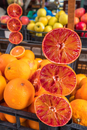 Red sicilian oranges at market
