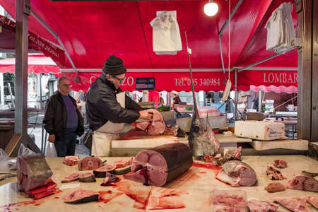 Tuna fish on the table at open air fish market in Catania, Sicily.のeditorial素材