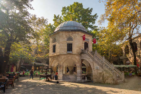 Tea gardens and silk shops in Koza Han Silk Bazaar, Bursa, Turkeyのeditorial素材