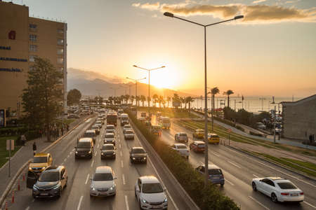 Busy traffic road at sunset in Izmir, Turkeyのeditorial素材