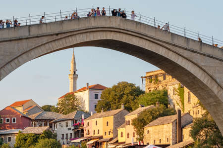 Stari Most bridge at sunset in old town of Mostar, BIHのeditorial素材