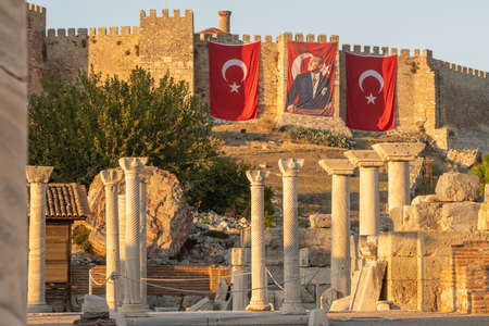 Johns Basilica ruins and ancient Ayasuluk Castle in Selcuk town, Turkeyのeditorial素材