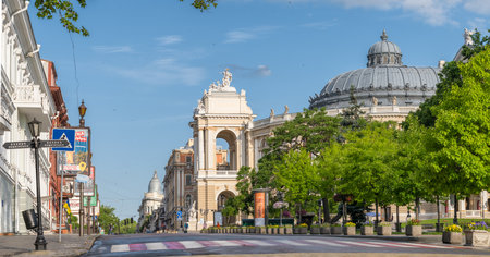 Sunny morning in the historical center of Odessa at summer, Ukraineのeditorial素材