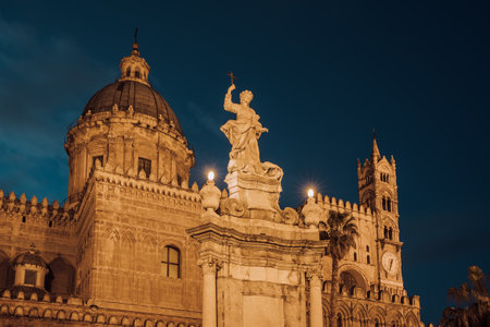 Palermo Cathedral Duomo di Palermo at night in Palermo, Sicily, Italy.の写真素材