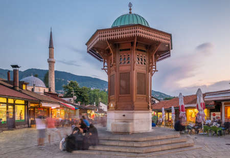 Bascarsija square with Sebilj wooden fountain in Old Town Sarajevo in BiHの写真素材