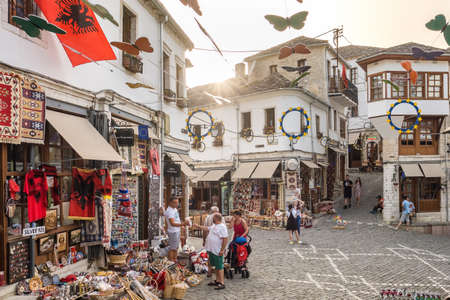 Street scene with souvenir shops in old town of Gjirokaster in Albania.のeditorial素材