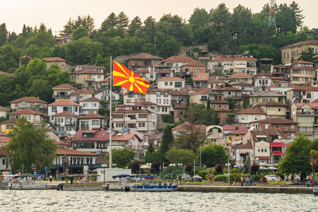 Macedonian Flag in Ohrid City at the shore of lake Ohrid, North Macedoniaのeditorial素材