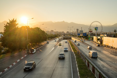 Busy traffic road in Antalya city at sunset, Turkeyのeditorial素材