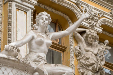 Deatil of the facade of the historic Odessa Passage complex in Odessa, Ukraine