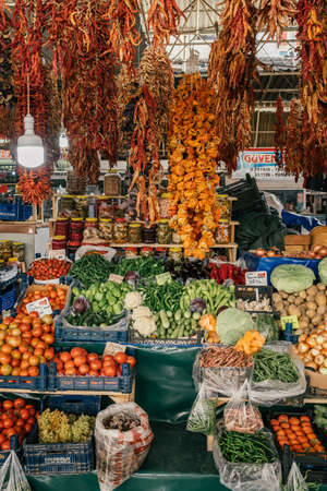 Variety of fresh fruits and vegetables at local market in Turkeyのeditorial素材