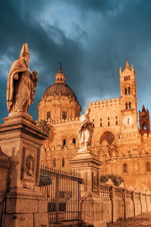 Palermo Cathedral Duomo di Palermo at night in Palermo, Sicily, Italy.の写真素材