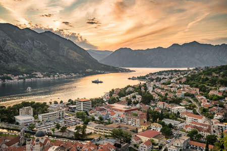 Evening view of Kotor bay and Old Town in Montenegroの写真素材