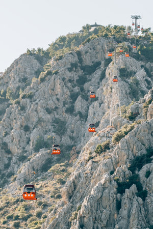 Cable car Teleferik to Tunektepe mountain in Antalya, Turkeyの写真素材