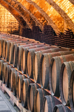 Old wooden barrels with wine in the ancient medieval cellarsの写真素材
