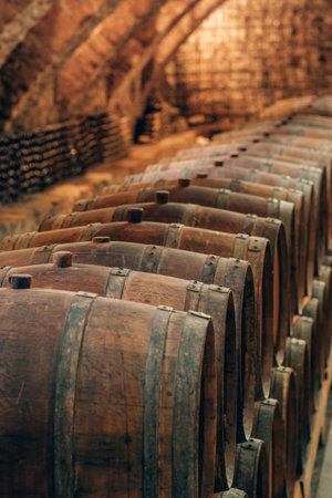 Old wooden barrels with wine in the ancient medieval cellarsの写真素材