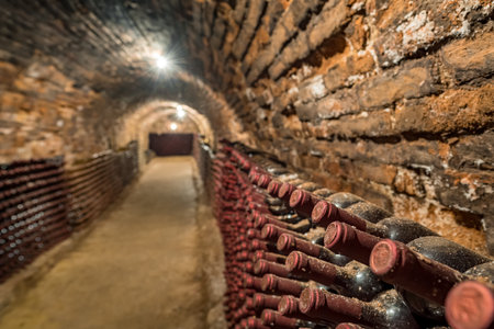 Old wine bottles in rows in the wine cellarの写真素材