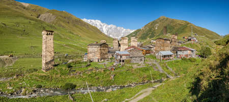 Big panorama of the Ushguli village in Svaneti region in Georgia.の写真素材