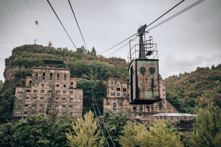 Old industrial cable car cabin in Chiatura miners town in Georgia.の写真素材